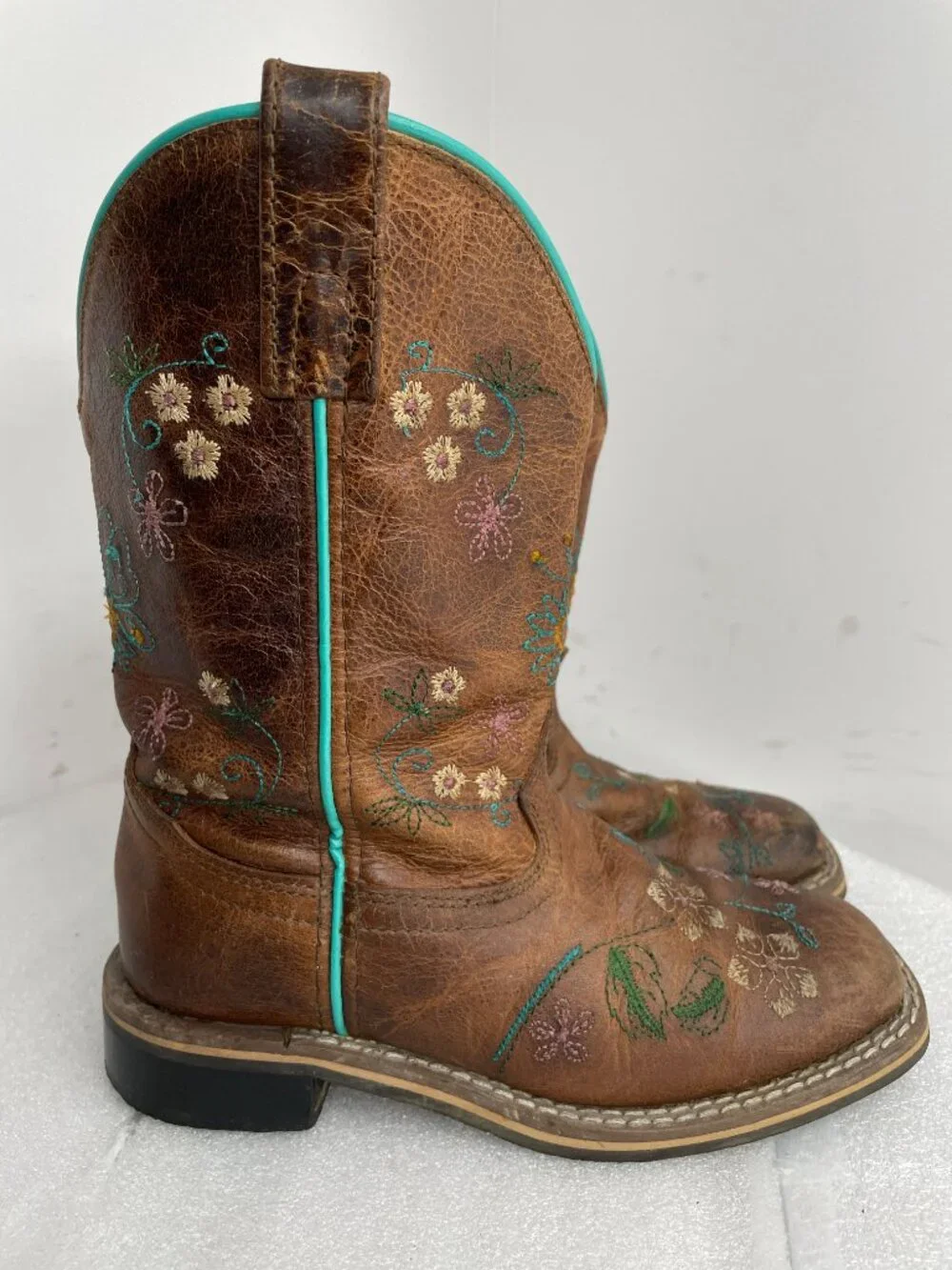 Smoky Mountain Leather Floral Western Cowgirl Boots Brown Turquoise Girls 13